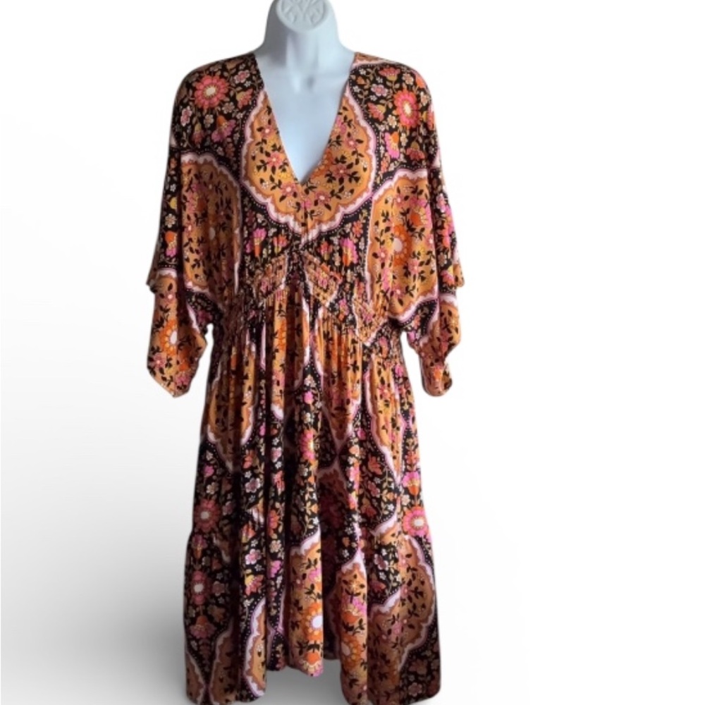 Dreamcatcher V-Neck Midi Dress - Orange and Black